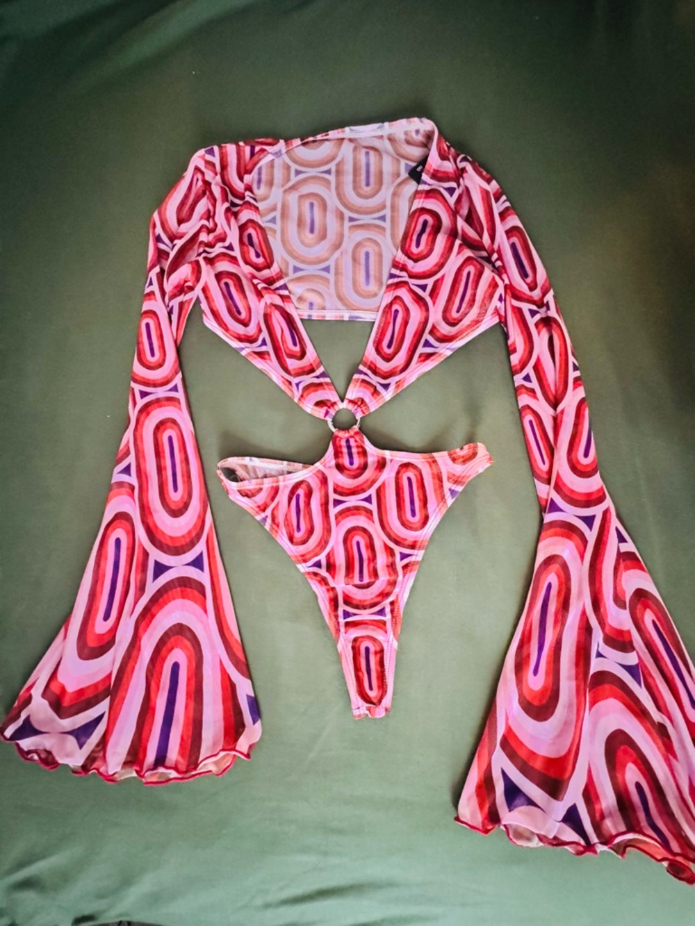 Red Geometric Print Cutout Bodysuit with Bell Sleeves